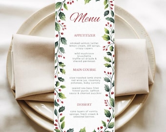 Christmas Menu Template – Printable Holiday Dinner Menu, A4 Sheet + Single Menu, Editable in Canva