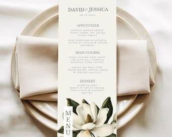 Magnolia Hochzeitsmenü Vorlage, Elegantes Abendmenu zum Ausdrucken (Digitaler Download)