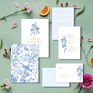 Set di cancelleria per matrimonio in stile Toile de Jouy francese - Set di inviti per matrimonio con stampa botanica blu - Design Toile de Jouy francese con RSVP e dettagli