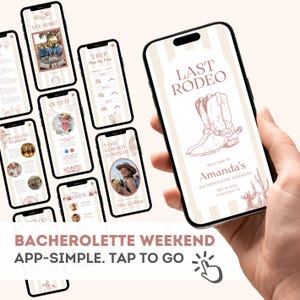 May include: Smartphones showcasing a bachelorette weekend app with a rodeo theme. The app design includes cowboy boot and cactus illustrations. Text reads "Last Rodeo" and "Amanda's Bachelorette Weekend". The app's interface is beige with vertical stripes.