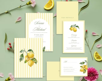 May include: A wedding stationery set with lemon illustrations. The set includes invitation cards with yellow and white vertical stripes, details cards, and RSVP cards. The cards feature watercolour lemon and leaf designs, with the names "Serena" and "Micheal" on the invitation.