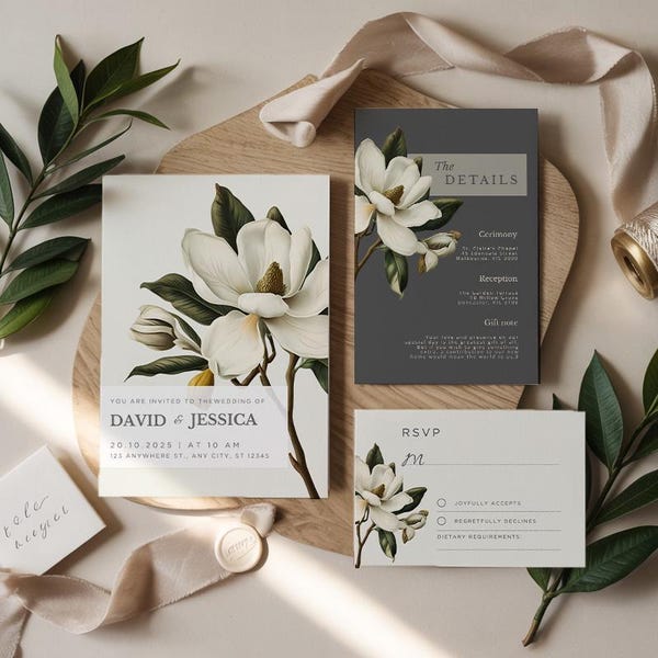 Bewerkbare sjabloon magnolia-huwelijksuitnodiging • Canva digitale download • Bloemen lenteuitnodiging