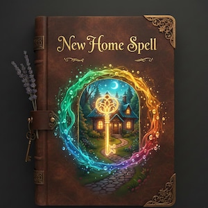May include: A brown leather-bound book titled "New Home Spell" with a gold key illustration. The key is centered within a rainbow-colored archway, depicting a house and a path. A sprig of lavender and a key hang on the side.
