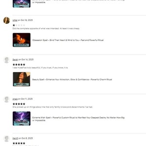 May include: A screenshot of Etsy reviews for various spells. The reviews include text and images advertising spells such as "Extreme Wish Spell", "Obsession Spell", "Beauty Spell", and "Height Increase Spell". The reviews are dated from October 6, 2025 to October 21, 2025.