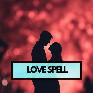 May include: Silhouette of a couple in a romantic embrace against a blurred red background. The words "LOVE SPELL" are displayed in a black font within a light blue rectangle.