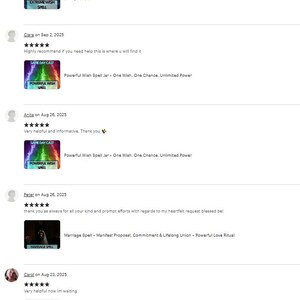 May include: A webpage featuring customer reviews and product images. The images include text such as "Extreme Wish Spell," "Powerful Wish Spell Jar," "Marriage Spell," and "Detachment Spell." The reviews include dates and star ratings.