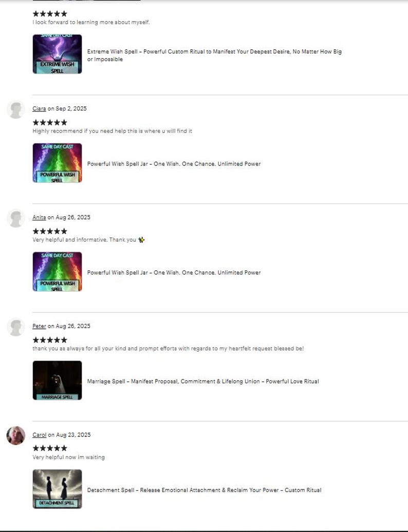 May include: A webpage featuring customer reviews and product images. The images include text such as "Extreme Wish Spell," "Powerful Wish Spell Jar," "Marriage Spell," and "Detachment Spell." The reviews include dates and star ratings.