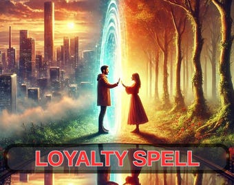 Puede incluir: Ilustración digital de un hombre y una mujer extendiendo sus manos, separados por un portal brillante. El fondo muestra una ciudad por un lado y un bosque por el otro. El texto "LOYALTY SPELL" se muestra en la parte inferior.
