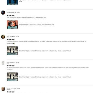 Może przedstawiać: Zrzut ekranu z recenzji sklepu Etsy. Recenzje pochodzą od klient&oacute;w, kt&oacute;rzy kupili zaklęcia. Zaklęcia obejmują Regret Spell, Deep Love Spell, Detachment Spell i Contact Me Now Spell. Recenzje są opatrzone oceną pięciogwiazdkową.