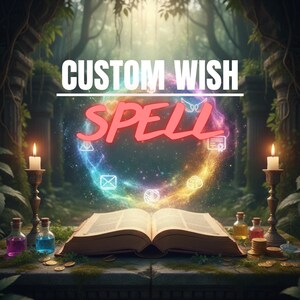 May include: An open book with the word "SPELL" in red neon letters above it. The words "CUSTOM WISH" are above the word "SPELL". The background is a mystical forest scene with candles, potions, and a glowing aura.