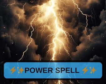May include: A dramatic image of a lightning storm against a dark, cloudy sky. A blue banner at the bottom reads "POWER SPELL" with lightning bolt and star graphics on either side.