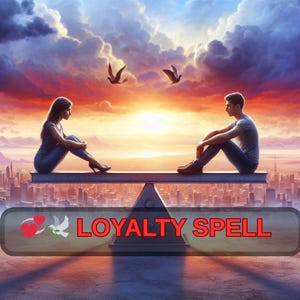 Op de afbeelding: Digitale kunst met een man en een vrouw die op een wip zitten, met een stadsgezicht op de achtergrond. De lucht is gevuld met wolken en vogels. De tekst "LOYALTY SPELL" staat onderaan.