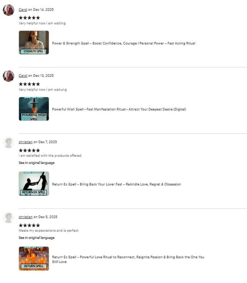 May include: Image of customer reviews for various spells. The reviews include text and star ratings. The spells include "Power & Strength Spell", "Powerful Wish Spell", and "Return Ex Spell".