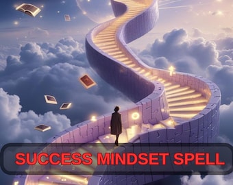 May include: An artistic rendering of a winding staircase leading to a glowing tree, set against a backdrop of clouds and a celestial sphere. Floating books and the text "SUCCESS MINDSET SPELL" are also visible.