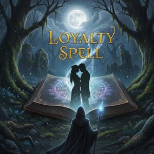 Könnte beinhalten: Digitales Kunstwerk mit dem goldenen Schriftzug "LOYALTY SPELL". Eine Paarsilhouette steht vor einem offenen Buch mit leuchtendem Design. Eine vermummte Figur mit Stab steht im Vordergrund, mit Vollmond im Hintergrund, in einem Wald.