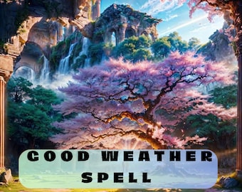 May include: A digital art landscape featuring a waterfall cascading down a rocky structure, framed by stone arches and pillars. A large tree with pink blossoms dominates the foreground, with the text "GOOD WEATHER SPELL" in a green rectangle.