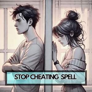 May include: Illustration of a man and woman separated by a wall, with the text "STOP CHEATING SPELL" in a turquoise box at the bottom. The man has his arms crossed, and the woman is leaning against the wall.