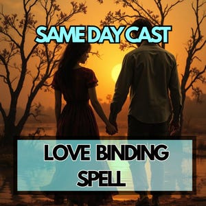 May include: Digital illustration of a couple holding hands, silhouetted against a sunset. The text "SAME DAY CAST" is above them, and "LOVE BINDING SPELL" is below. The scene is set near water with trees.