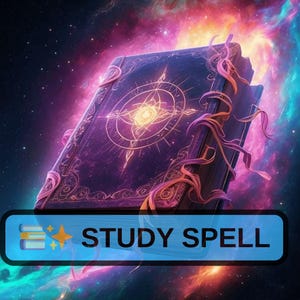 Puede incluir: Ilustración detallada de un libro grande y ornamentado con un diseño celestial en la portada. El libro es de color púrpura oscuro con detalles dorados y patrones intrincados. El fondo presenta una nebulosa vibrante con tonos de rosa, púrpura y azul. El texto "STUDY SPELL" se muestra en una pancarta azul.