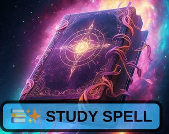 May include: An image of a large, detailed book with a celestial design on the cover. The book is dark purple with gold accents and intricate patterns. The background features a vibrant nebula with shades of pink, purple, and blue. The text "STUDY SPELL" is displayed on a blue banner.