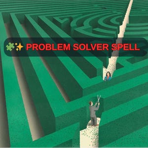 Puede incluir: Ilustración de un laberinto verde con un camino cortado. Una persona usa tijeras para cortar un camino. El texto "PROBLEM SOLVER SPELL" se muestra en una pancarta en la parte superior de la imagen.