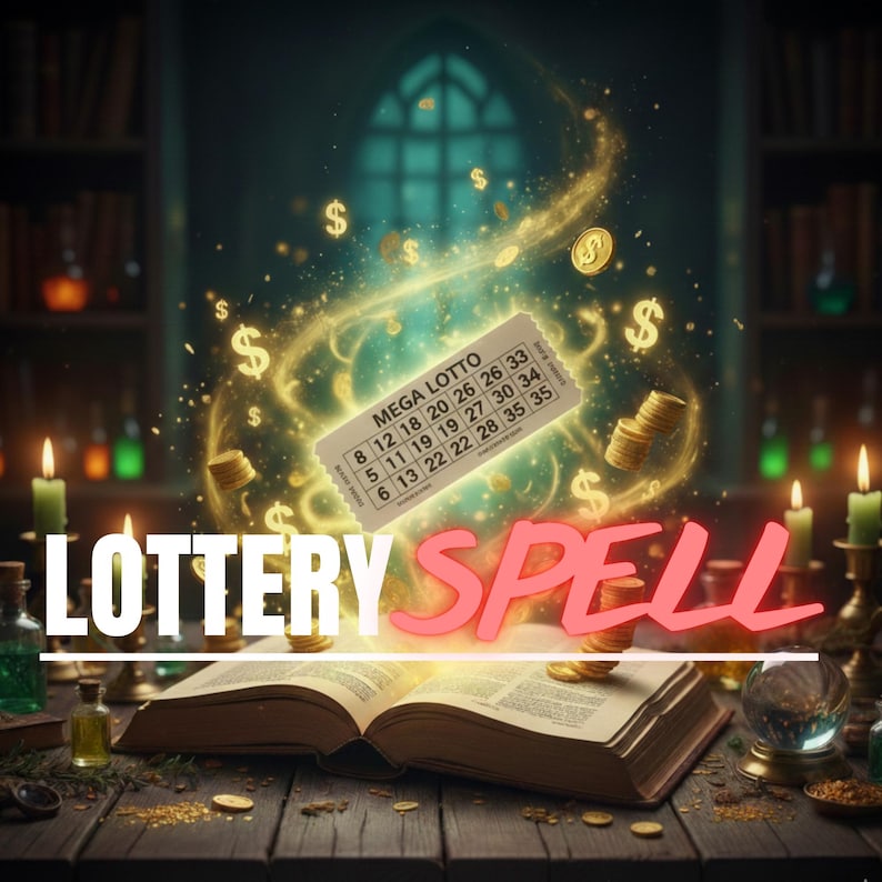 以下が含まれることがあります： 「MEGA LOTTO」の文字と数字が書かれた宝くじの画像。金色の光とドル記号に囲まれています。「LOTTERY SPELL」の文字が下部に表示され、背景には開いた本とろうそくがあります。魔法をテーマにしたシーンです。