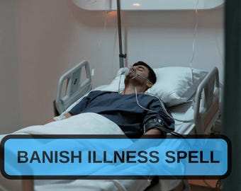 Könnte beinhalten: Eine Person liegt in einem Krankenhausbett mit einer Sauerstoffmaske. Das Bild enthält den Text "BANISH ILLNESS SPELL" in einem blauen Rechteck. Der Raum hat medizinische Geräte und ein helles Deckenlicht.