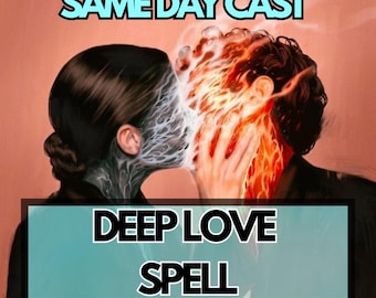 May include: Digital art depicting two figures kissing, with one side of each face altered. The text "SAME DAY CAST" is at the top, and "DEEP LOVE SPELL" is at the bottom.