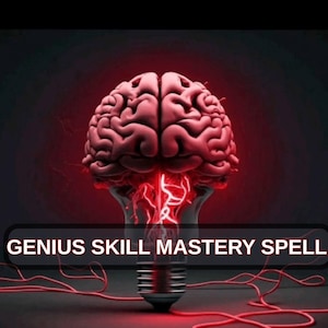 May include: A digital illustration depicts a brain inside a lightbulb, with red energy lines emanating from the base. The text "GENIUS SKILL MASTERY SPELL" is displayed on a black banner below the lightbulb, against a dark background.