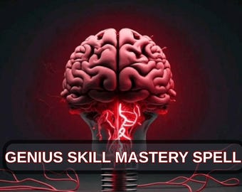 May include: A digital illustration of a brain inside a lightbulb, with red energy lines radiating from the base. The text "GENIUS SKILL MASTERY SPELL" is displayed on a black banner below the lightbulb, against a dark background.