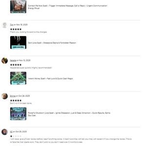 May include: Screenshot of Etsy reviews for various spells. Reviews include text and images advertising spells for love, money, and communication. The reviews are dated and include star ratings. The spells are advertised with phrases like "Instant Money Spell" and "Dark Love Spell."