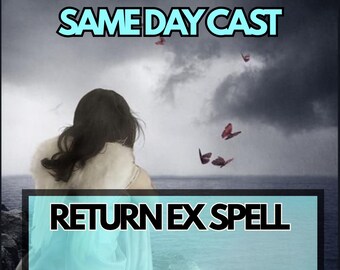 Könnte beinhalten: Ein Bild mit dem Text "SAME DAY CAST" über einer Person, die auf das Meer blickt. Der Text "RETURN EX SPELL" befindet sich darunter. Rote Schmetterlinge fliegen am Himmel.