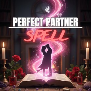 May include: An image featuring the text "PERFECT PARTNER SPELL". A silhouette of a couple is embraced within a pink glow, above an open book. The scene includes candles, roses, and potion bottles, creating a romantic atmosphere.