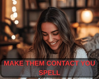 May include: A smiling person holding a smartphone, with the text "MAKE THEM CONTACT YOU SPELL" in a red font. The background is blurred, with warm lighting and a bookshelf.