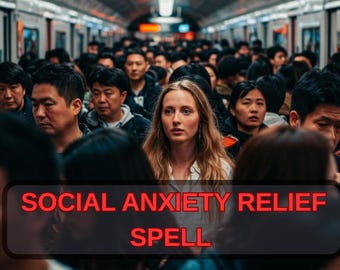 May include: A woman with blonde hair is the focus in a crowded subway carriage. The image has a dark, moody atmosphere. Red text overlay reads "SOCIAL ANXIETY RELIEF SPELL".