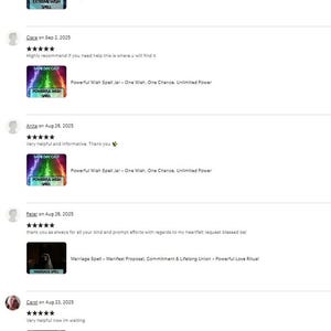 Może przedstawiać: Strona internetowa z recenzjami klient&oacute;w i zdjęciami produkt&oacute;w. Obrazy zawierają tekst, taki jak "Extreme Wish Spell", "Powerful Wish Spell Jar" i "Marriage Spell". Recenzje są datowane i zawierają oceny.