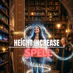 Puede incluir: Una mujer mira hacia arriba con una tabla de altura en el fondo. Se muestra el texto "HEIGHT INCREASE SPELL". La tabla de altura muestra una medida de 172 cm.