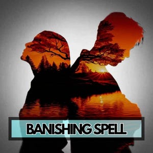 Può includere: Illustrazione digitale di due sagome di spalle, riempite da un paesaggio al tramonto con alberi, acqua e sole. Il testo "BANISHING SPELL" è visualizzato in un rettangolo nella parte inferiore.