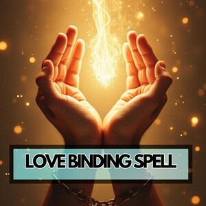 May include: An image featuring two hands cupped together, with a bright, glowing light emanating from between them. The text "LOVE BINDING SPELL" is displayed in a rectangular box at the bottom. The background is a warm, golden color.