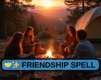 May include: A group of four people sitting around a campfire in a forest at sunset. The text "FRIENDSHIP SPELL" is displayed in a blue banner with a handshake and star icon.