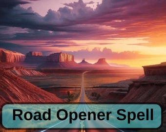 May include: An artistic rendering of a desert landscape at sunset, featuring a long road receding into the distance. The sky is filled with dramatic clouds and vibrant colors. The text "Road Opener Spell" is displayed in a teal box at the bottom.