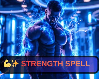 May include: An illustration of a muscular person with blue energy emanating from their body. The text "STRENGTH SPELL" is displayed in a banner at the bottom of the image. The background is a gym setting.