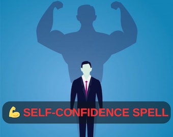 May include: An illustration shows a person in a suit with a shadow of a muscular figure behind them. The text "SELF-CONFIDENCE SPELL" is displayed in red on a black banner with a flexing bicep emoji.