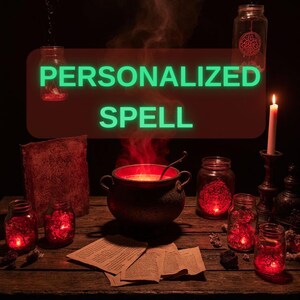 Puede incluir: Una escena mística con un caldero con líquido rojo humeante, rodeado de frascos con contenido rojo brillante, una vela encendida y el texto "PERSONALIZED SPELL" en verde. La escena está ambientada en una mesa de madera.