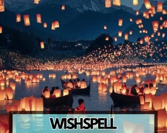 Op de afbeelding: Een nachtscène met talrijke drijvende lantaarns die een watermassa verlichten. Verschillende boten met mensen bevinden zich op het water. De tekst "WISHSPELL" wordt onderaan weergegeven. Bergen zijn zichtbaar op de achtergrond.
