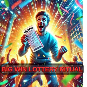 May include: An illustration of a man holding a lottery ticket, with the word "LOTTERY" visible. The image has a celebratory theme, with confetti and bright light effects. The text "BIG WIN LOTTERY RITUAL" is displayed at the bottom.