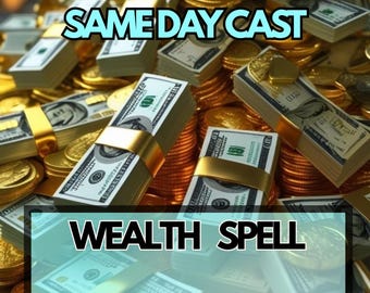 Puede incluir: Imagen de pilas de billetes de cien dólares estadounidenses atados con bandas doradas y montones de monedas de oro. El texto "SAME DAY CAST" y "WEALTH SPELL" está en azul claro y negro.