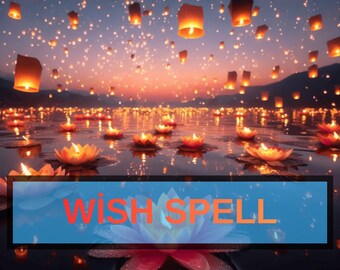 Op de afbeelding: Een serene scène van drijvende lantaarns en kaarsen op water in de schemering. De lucht is gevuld met gloeiende lantaarns en het water reflecteert de lichten. De afbeelding bevat de tekst "WISH SPELL" in oranje letters op een blauwe achtergrond.