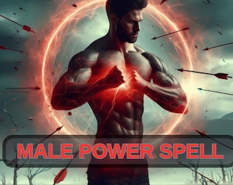 May include: An artistic digital illustration depicts a muscular figure with a glowing red aura, arrows, and the text "MALE POWER SPELL". The image has a fantasy theme with a dark, dramatic sky and barren landscape.