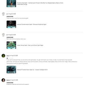 May include: Screenshot of Etsy reviews for various spell services. Reviews include text and images advertising spells for wishes, vampire transformation, instant money, and werewolf transformation. One review warns of scams.